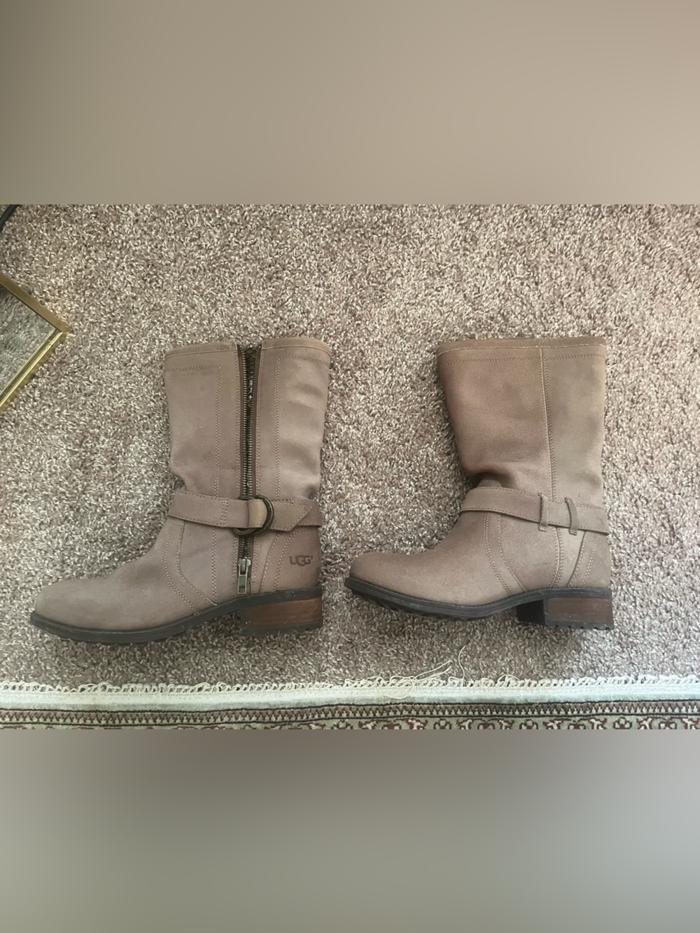 UGG Taupe Suede Mid-Calf Heeled Boots with Strap